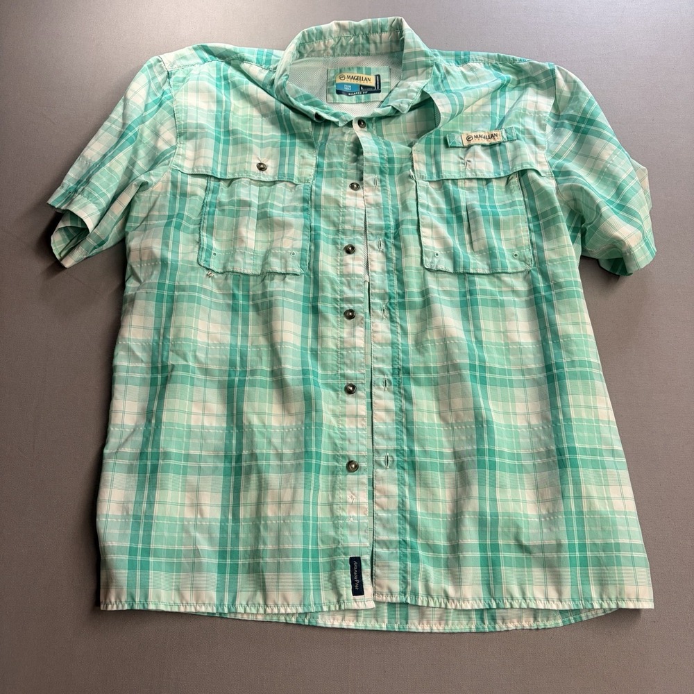 Magellan Aransas Pass men's green plaid Fish Gear Shirt LG moisture wicking